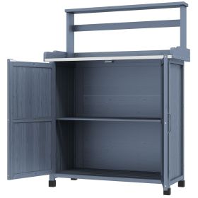 Potting Bench Outdoor Wooden with Storage Cabinet Shelf Galvanized Tabletop Gray for Backyard