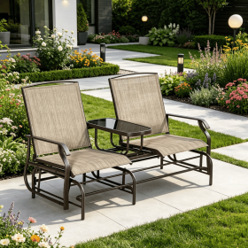 Brown Metal Frame Outdoor Glider Bench with Center Table Breathable Mesh Fabric Patio Loveseat for Backyard Garden Porch with Armrests