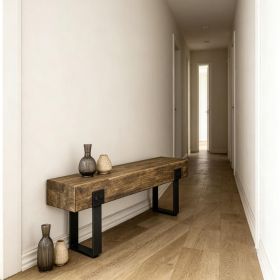 Rustic Wood Effect Garden Bench with Metal Legs Indoor Outdoor Concrete Entryway Bench for Patio Park Porch Lawn Natural & Black