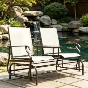 Beige Outdoor Glider Bench with Center Table Metal Frame Patio Loveseat Breathable Mesh Fabric Armrests for Backyard Garden Porch