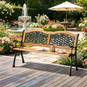 50" Outdoor Garden Bench Park Patio Loveseat Wood Metal Frame Plastic Flourish Backrest Natural Wood
