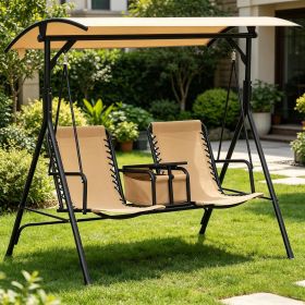Beige 2-Person Porch Swing with Canopy Storage Table And Cup Holder Outdoor Patio Swinging Chair