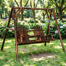 2-Seat Wooden Porch Swing with Stand Outdoor Patio Swing Chair Featuring Center Table for Garden Poolside Backyard