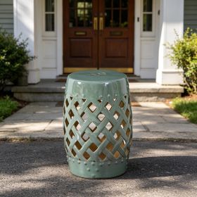 13" X 18" Green Ceramic Garden Stool Woven Lattice Design Glazed Strong Materials Decorative Outdoor Stool