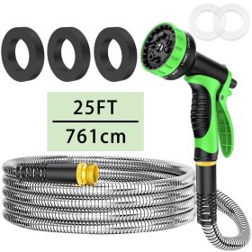 25FT Heavy Duty 304 Stainless Steel Garden Hose with 10-Pattern Spray Nozzle, Flexible Kink-Free Metal Water Hose with Brass Fittings for Lawn, P