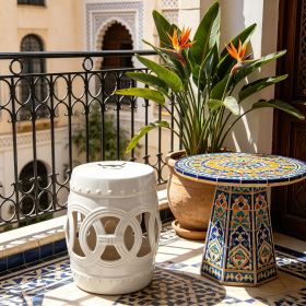 White Ceramic Garden Stool 14' X 17' Double-Coin Knotted Ring Design Strong Glazed Decorative Outdoor Home Collection