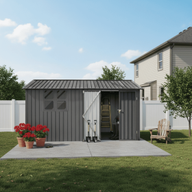 12x10 Ft Metal garden sheds outdoor storage sheds grey with window with Goods Shelves