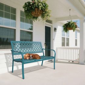 Outdoor Garden Bench with Anti-Rust Metal Powder Coated Frame, Patio Bench for Front Porch Park (Color: Blue-Green)