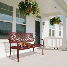 Outdoor Garden Bench with Anti-Rust Metal Powder Coated Frame, Patio Bench for Front Porch Park (Color: Red)