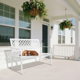 Outdoor Garden Bench with Anti-Rust Metal Powder Coated Frame, Patio Bench for Front Porch Park (Color: White)