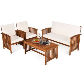 4 Pieces Patio Solid Wood Furniture Set with Water Resistant Cushions (Color: Beige)